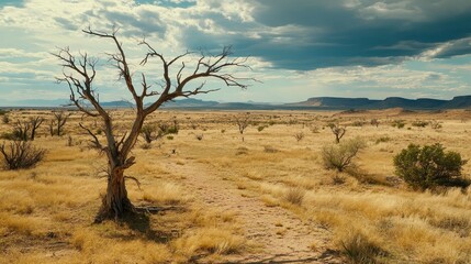 A desolate desert landscape with a dead tree, showcasing the severe effects of drought and water scarcity under a dramatic sky.