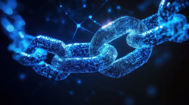 A digitally rendered blockchain network with glowing blue nodes and interconnected links, representing secure data transfer and future technology