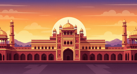 A majestic Indian palace with intricate Mughal architecture stands grandly against a vibrant sunset sky.