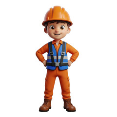 Fototapeta premium A cartoon character wearing an orange hard hat and vest isolated on transparent background