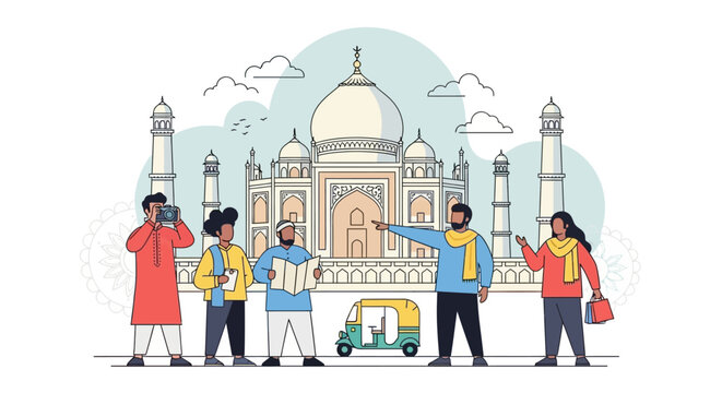 A diverse group of tourists with a guide in front of the Taj Mahal, with an auto-rickshaw nearby.