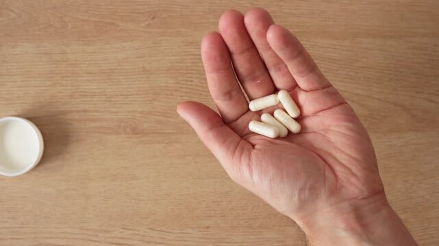 op view of man pouring white vitamin capsules into his open palm from plastic white bottle in slow motion for daily health supplement and medical wellness routine