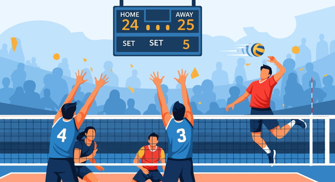 A dynamic illustration of a professional volleyball match with players spiking and blocking at the net, a scoreboard showing a close game, and a blurred audience in the background.