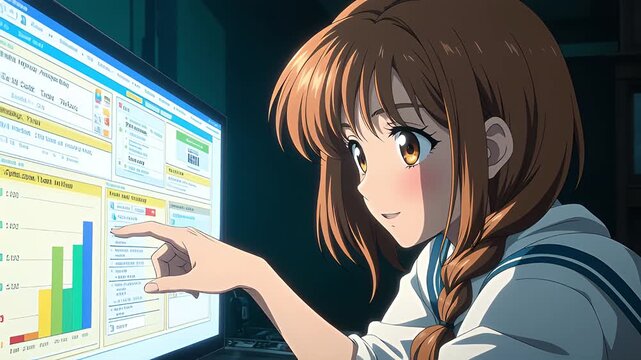 Anime girl touching screen with finger while looking at data charts and graphs, analysis of bar charts, real-time data
