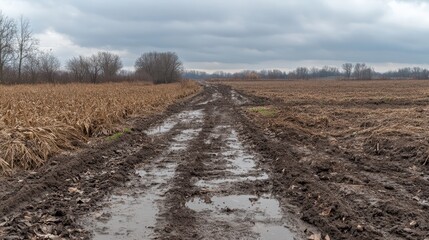 A muddy, rutted track through a rural field under an overcast sky during the cooler seasons