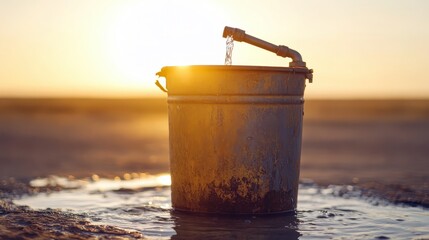 A nearly empty metal bucket catching a single drip of water from a rusted tap in an arid landscape at sunset, symbolizing extreme water scarcity.