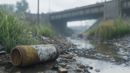 A Polluted Waterway Laden With Debris Under An Overcast Sky, Highlighting Environmental Damage
