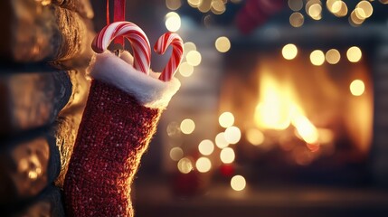 A red Christmas stocking filled with candy canes hangs near a warm, glowing fireplace with soft bokeh lights