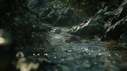A Pristine Mountain River Flowing Through Rocky Terrain with Reflections of Lush Forest and Soft Sun