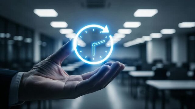 Hand holding a holographic clock in a modern office environment motion animated video 4k.