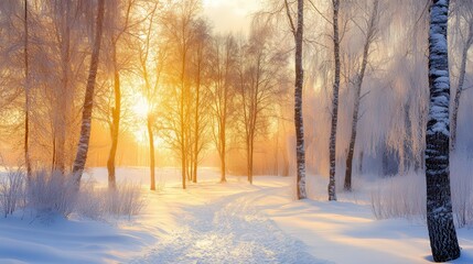 A serene winter wonderland with snow covered trees and a quiet path bathed in golden sunlight