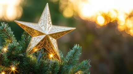 A shimmering golden star decoration gleams atop a lush green Christmas tree branch, bathed in warm sunset light with soft bokeh background.