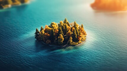 A small island covered in vibrant autumn trees situated in a tranquil lake with bright sunlight illuminating the scene