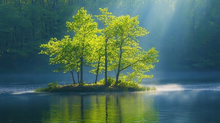 A small island with lush green trees reflected in a serene lake during soft morning light.
