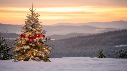 A Snowy Winter Landscape Showcases a Decorated Christmas Tree with Twinkling Lights and Red Bows at Dusk