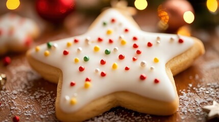 A star-shaped Christmas cookie adorned with white icing and colorful sprinkles, captured in festive soft lighting.