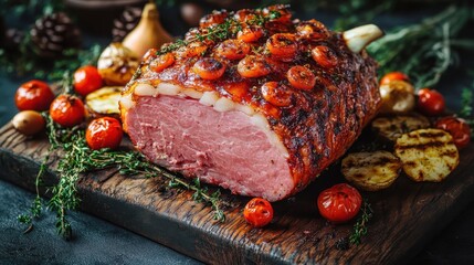 A succulent roast ham garnished with cherry tomatoes and herbs, served on a rustic wooden board for a festive holiday dinner.