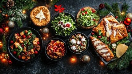 A Sumptuous Holiday Feast Spread with Festive Christmas Decorations and Delicious Dishes