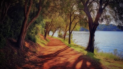 A Sun-Dappled Winding Dirt Trail Along a Serene Lake Shore Inviting Outdoor Exploration and Scenic Views