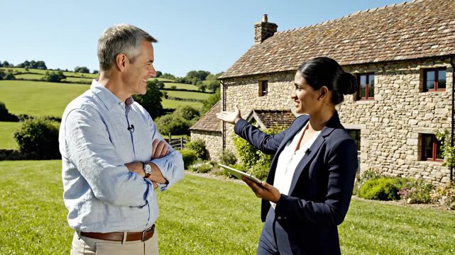 Middle-aged man in light shirt talks with businesswoman in navy suit holding tablet outside stone house. Real estate, consultation, teamwork, outdoors.