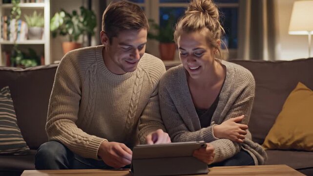 Man and woman sit together using tablet in cozy living room, real estate purchase process unfolds digitally. Real estate choice, property search.