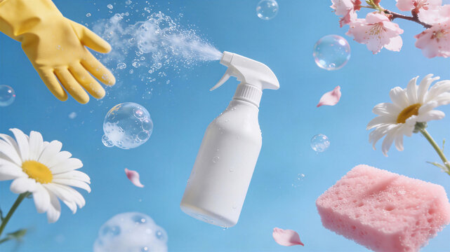 Hand in yellow glove spraying white cleaner bottle with foam bubbles. Pink sponge and white daisies with cherry blossom petals floating on blue background. Spring equinox renewal and fresh cleaning