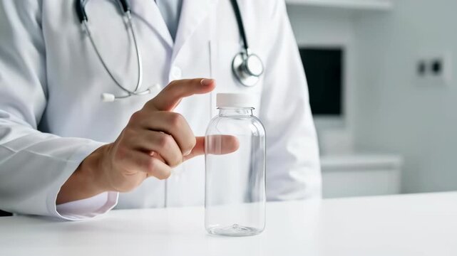 Doctor holding clear medical vial and bottle with stethoscope calm clinical setting professional