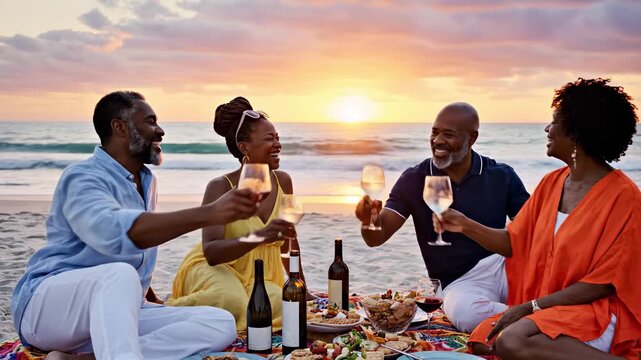 Socializing: adult friends with wine and snacks discuss events, exchange news by the sea. Relationship, friendship, and togetherness expressed through summer beach dining.