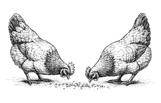 Chicken Hens Pecking the Ground Sketch Line Art Vector Isolated on Transparent Background