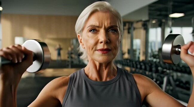 Senior woman doing dumbbell shoulder press in gym strength training