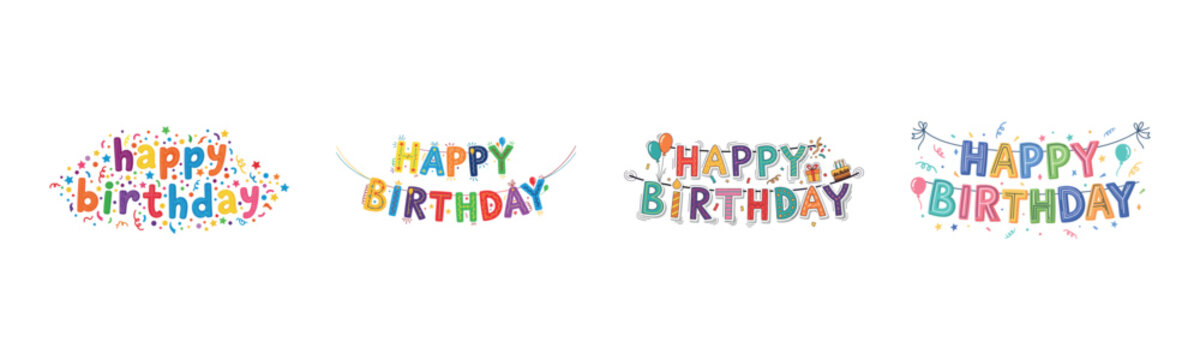 Colorful happy birthday text with festive decorations