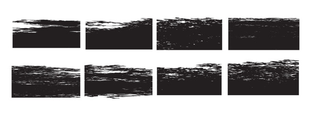 A collection of monochrome grunge brush stroke textures featuring distressed, rough and messy effects. Perfect for overlays, banners, frames, typography backgrounds, posters. © designwithme