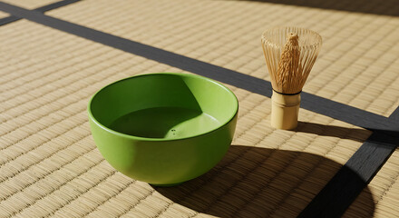 Japanese tea ceremony preparation A bright green matcha bowl and bamboo whisk on a tatami mat, bathed in soft light and shadow, symbolizing tradition and mindfulness
