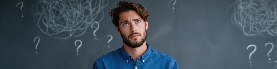 Fototapeta premium Confused young caucasian male problem-solving in front of chalkboard with question marks
