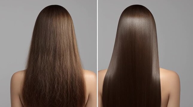 Hair Transformation: A before-and-after shot showcases the remarkable change in hair texture, highlighting the effect of smoothing treatment. 
