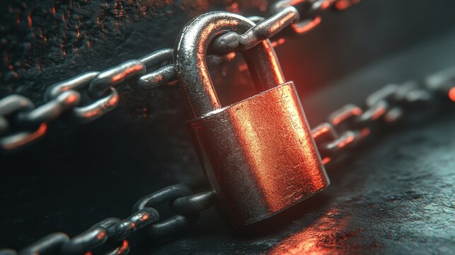 Antique padlock secured on heavy metal chains, symbolizing robust digital security and cyber threat prevention.
