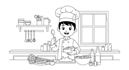 Young chef proudly holds tasting spoon inside kitchen.