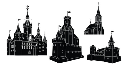 Obraz premium Various historical castle and church silhouettes are.