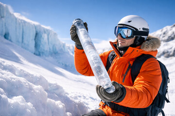 Adventurer examining ice core sample in snowy mountain environment