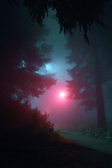 Mysterious Glowing Light in a Dark Foggy Forest.