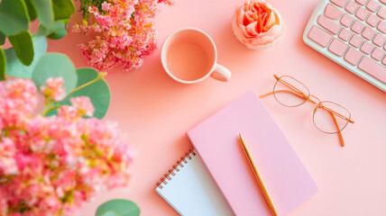 Aerial View of Creative Professional Woman Taking Notes in Notebook at Minimalist White Desk