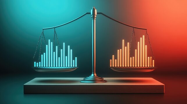 Balance Scales Weighing Digital Data Charts, Representing Analysis and Comparison