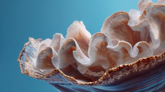 A large sea shell is positioned on a blue surface. The shell's interior shows a complex pattern with waves and textures. Light reflects on the surface highlighting details.
