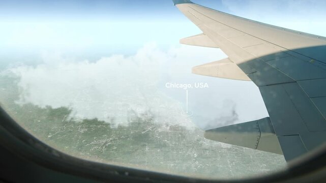 Airplane Flying over Chicago, USA and Clouds. Aerial Airplane scenes. Jet Flying Over City. Aerial City Animation, Vox Style Map Animation 4K