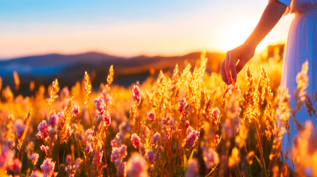 Close Up of Hand Softly Touching Sunlit Golden Grass Stalks in Peaceful Meadow at Sunset