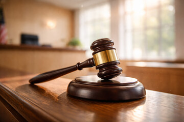 Wooden gavel resting on polished desk in courtroom setting