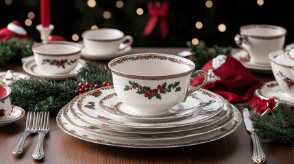 Fototapeta premium Christmas Holiday Dinner Table Setting with Festive China and Cups