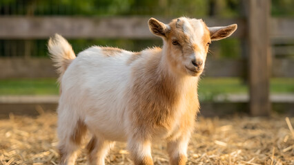 Obraz premium Cute Baby Goat Standing in a Rustic Barn Setting