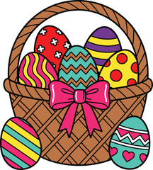 Colorful easter eggs in basket with bow