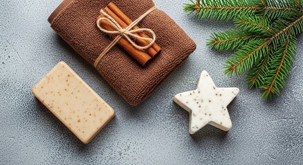 Luxurious spa products with cinnamon sticks and pine branches